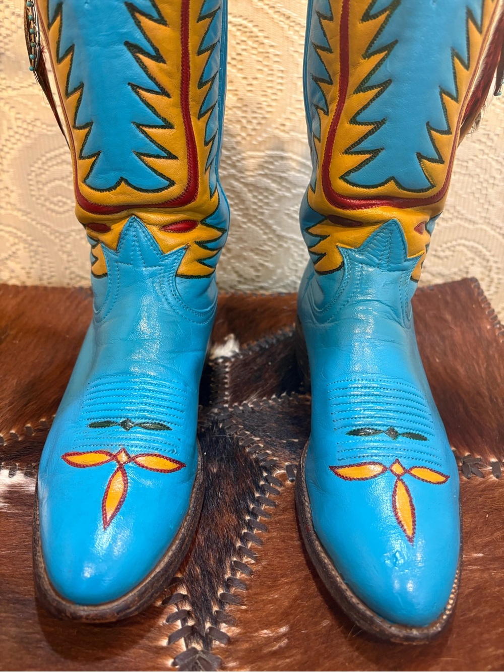 Hand Painted TonyLama Turquoise and Yellow Western Feathered Cowboy Boots size 8 - Picture 3 of 16